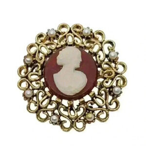 Victorian Revival Gold Cameo Brooch Celluloid & Faux Pearl Filigree Vintage